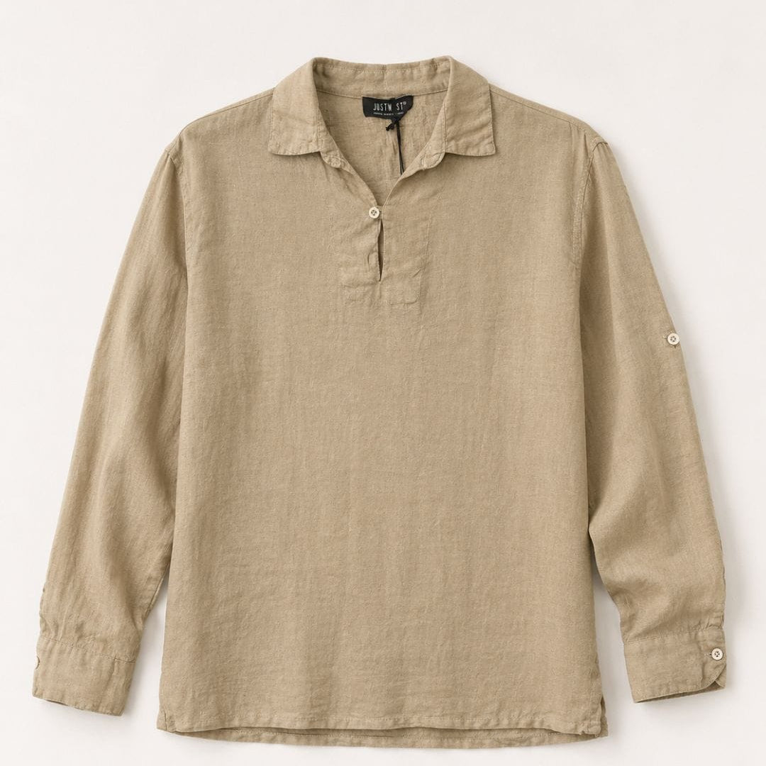 Camicia Collo Cubano Cammello (100% Lino)