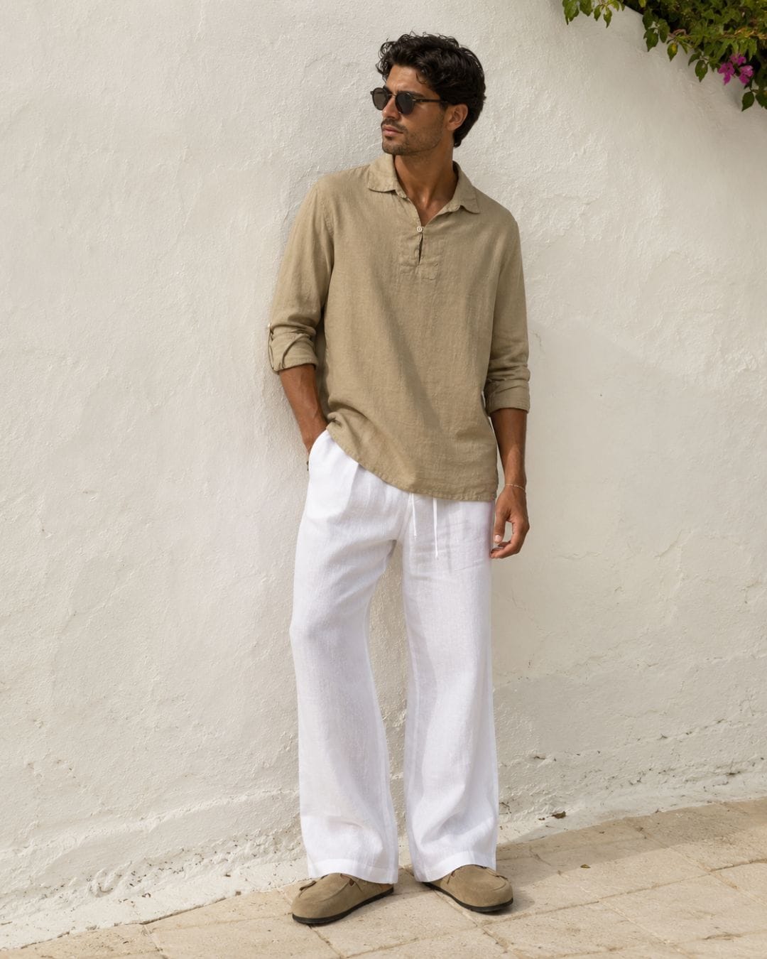 Camicia Collo Cubano Cammello (100% Lino)