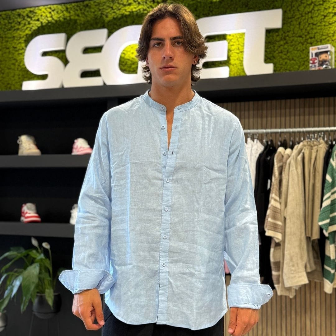Camicia Coreana Puro Lino Celeste