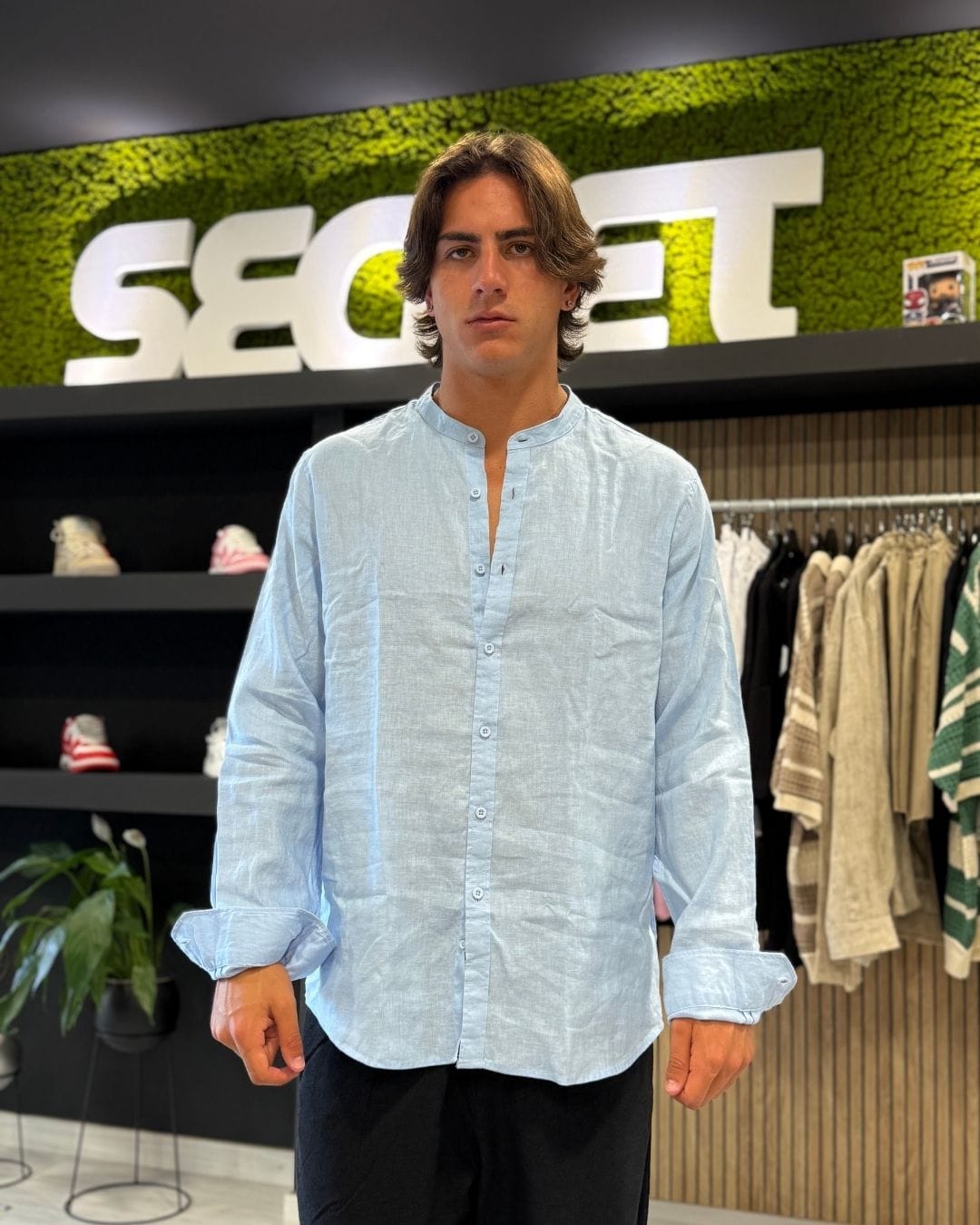 Camicia Coreana Puro Lino Celeste
