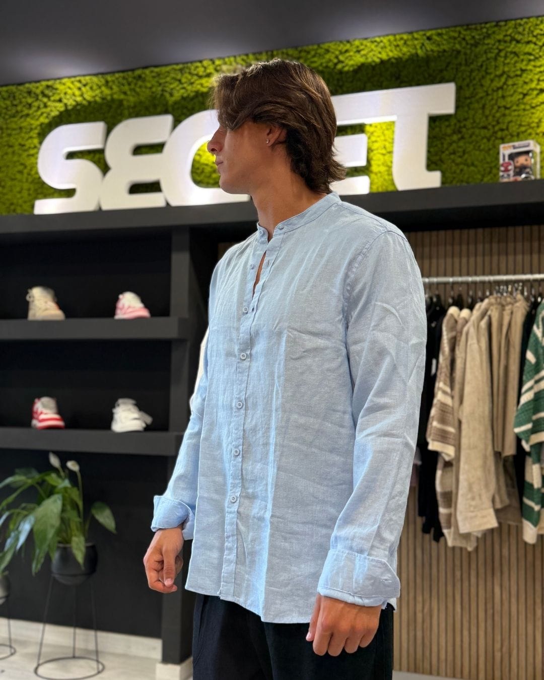 Camicia Coreana Puro Lino Celeste
