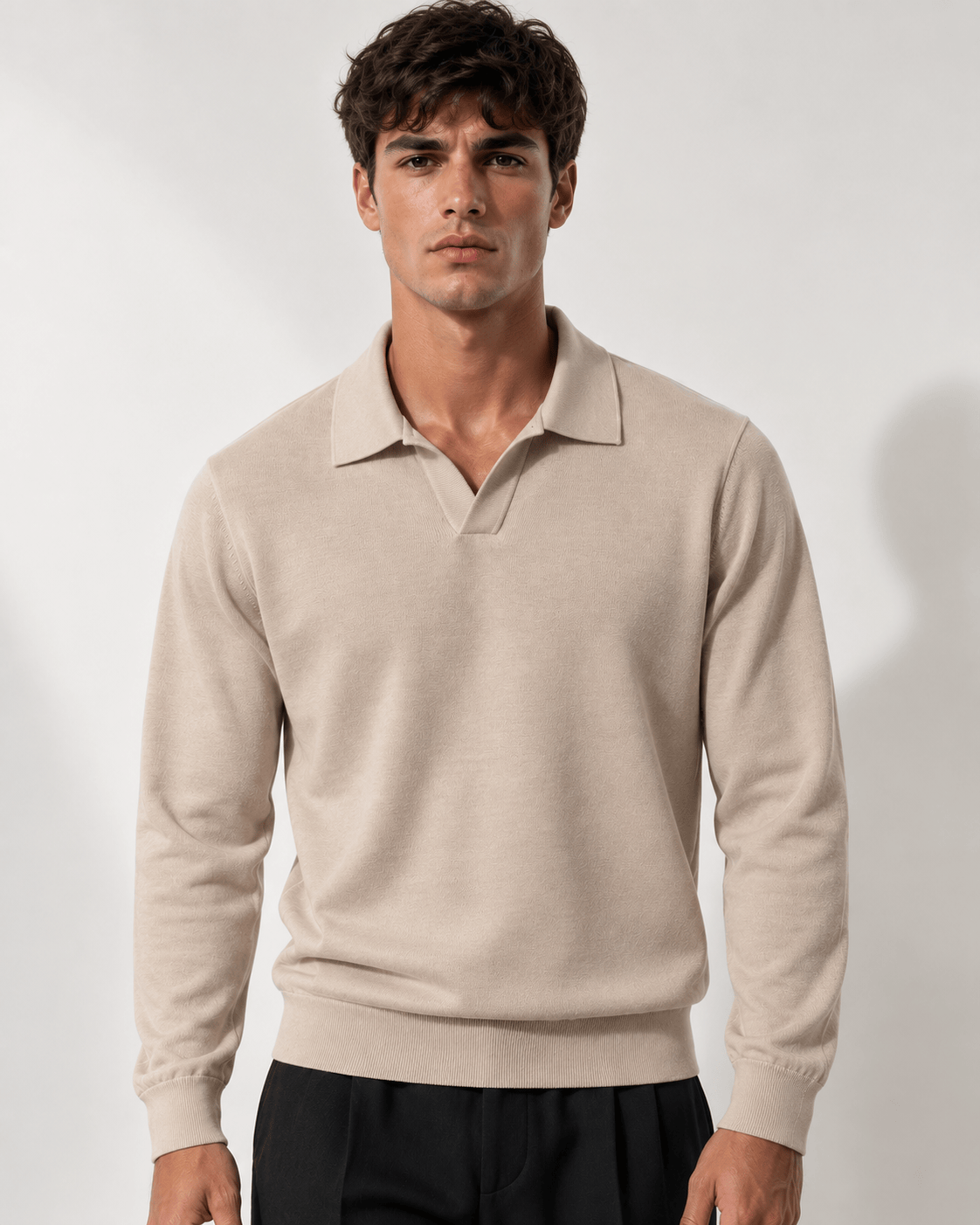 Polo manica lunga V beige