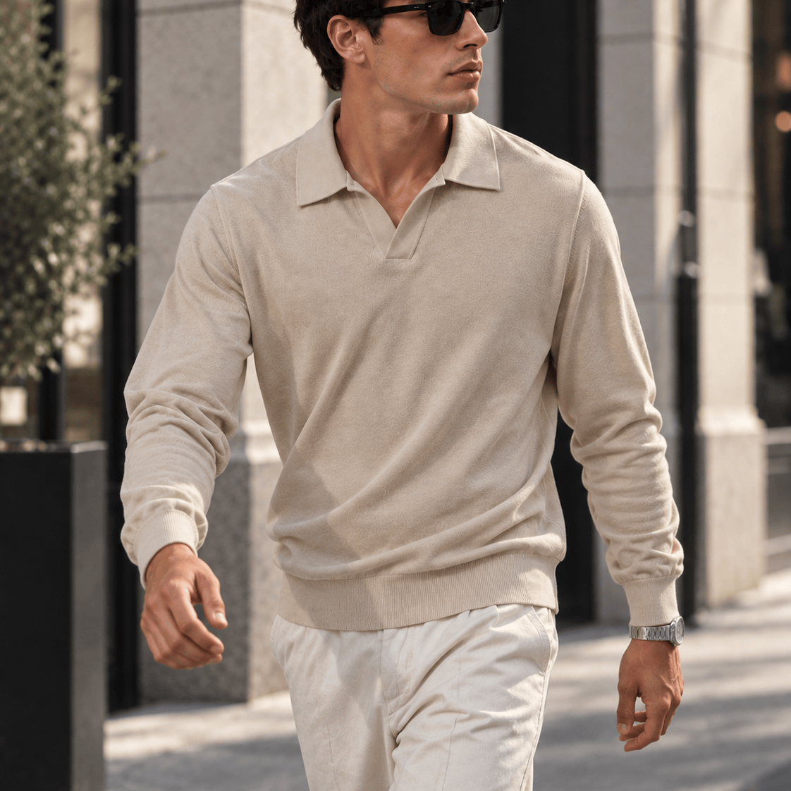 Polo manica lunga V beige