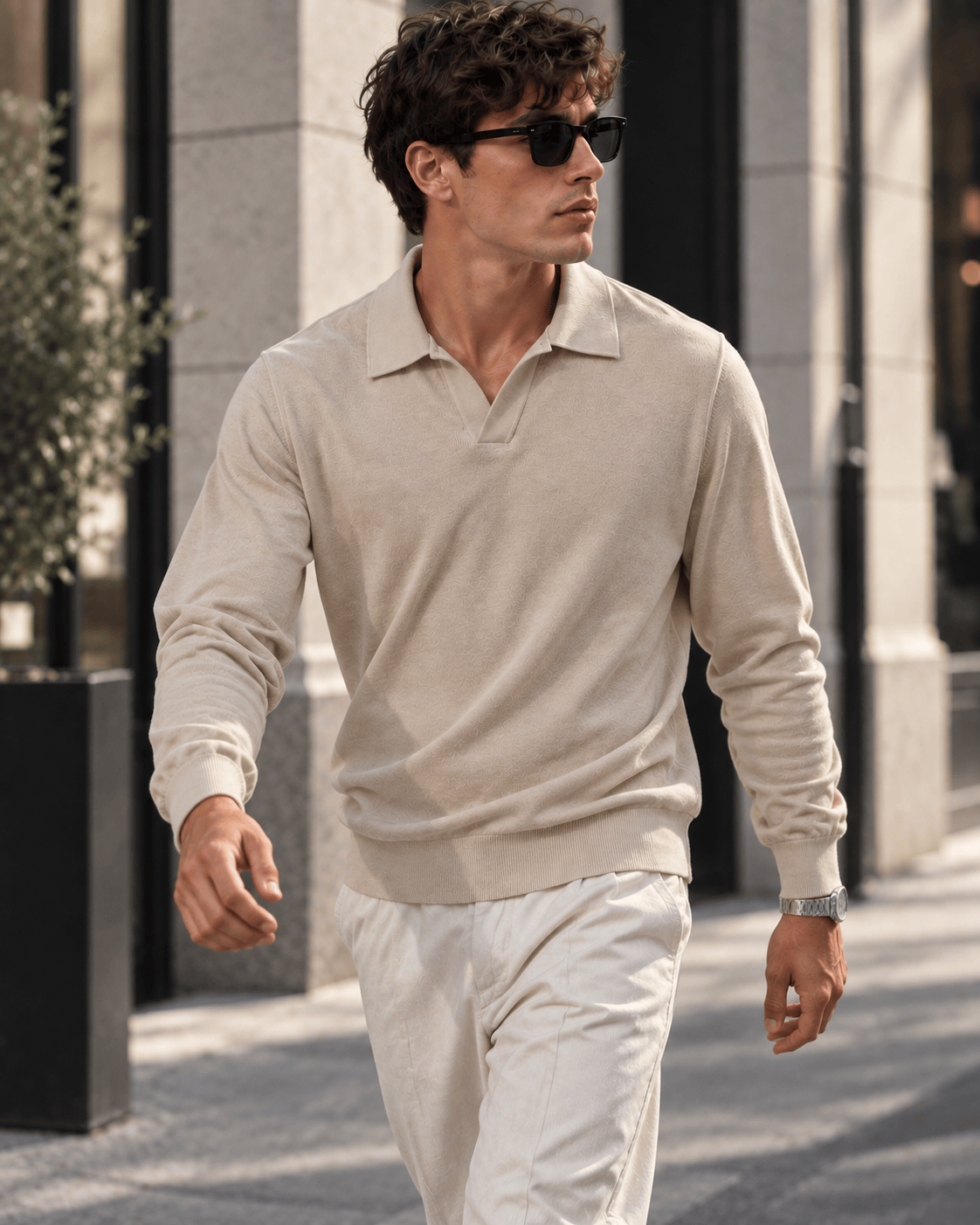 Polo manica lunga V beige